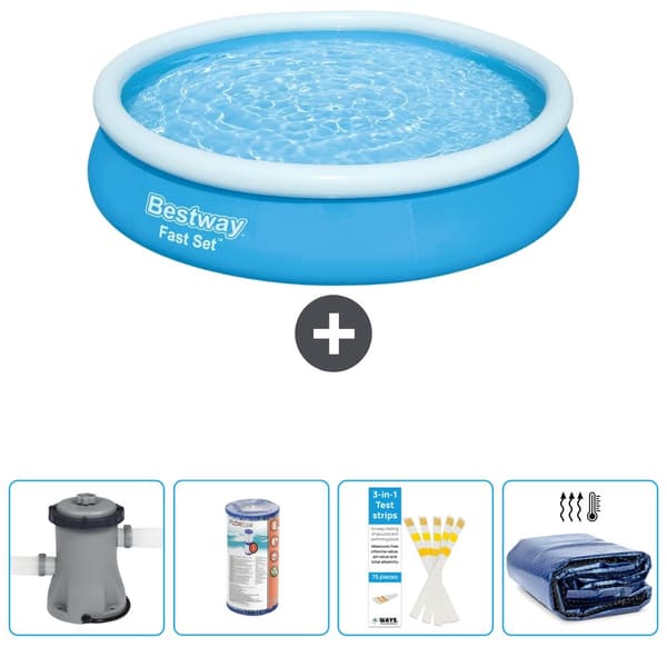 Bestway Round Oppustelig Fast Set Swimming Pool - 366 x 76 cm - Blå -  Inklusive Tilbehør CB50