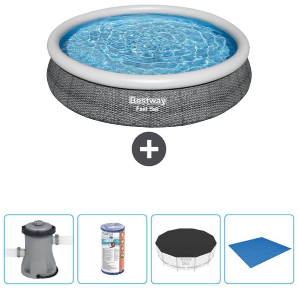 Bestway Round Uppblåsbar Fast Set Pool - Rottingtryck - 366 x 76 cm - Inklusive Tillbehör - CB52