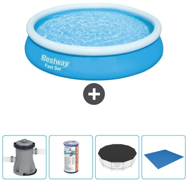 Bestway Round Oppustelig Fast Set Swimming Pool - 366 x 76 cm - Blå -  Inklusive Tilbehør CB52