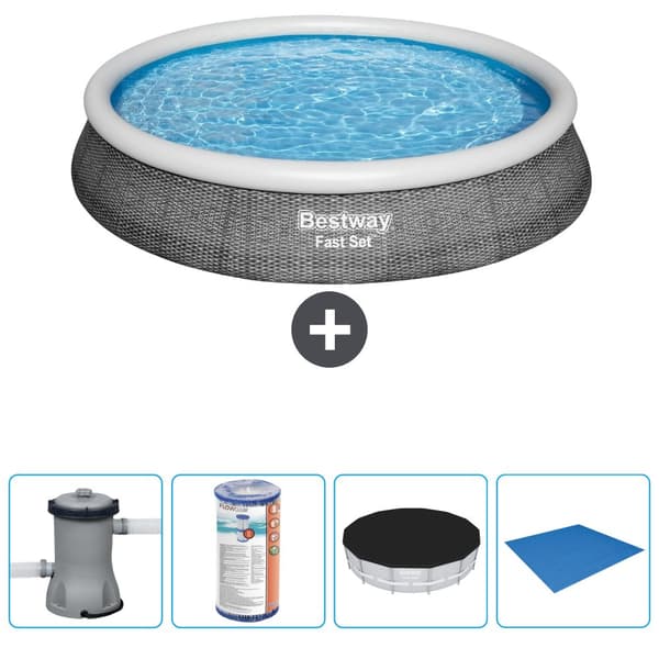 Bestway Round Uppblåsbar Fast Set Pool - Rottingtryck - 396 x 84 cm -  Inklusive Tillbehör - CB52