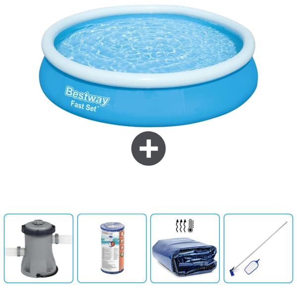 Bestway Round Oppustelig Fast Set Swimming Pool - 366 x 76 cm - Blå -  Inklusive Tilbehør CB54