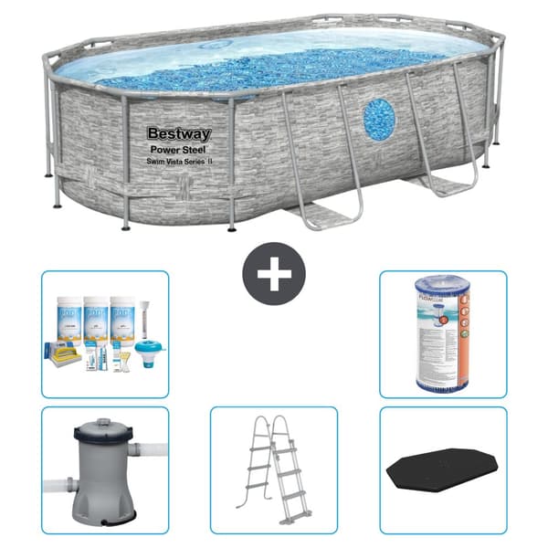 Bestway Oval Power Steel Swim Vista Swimming Pool - Stentryk - 427 x 250 x 100 -  Inklusive Tilbehør CB29