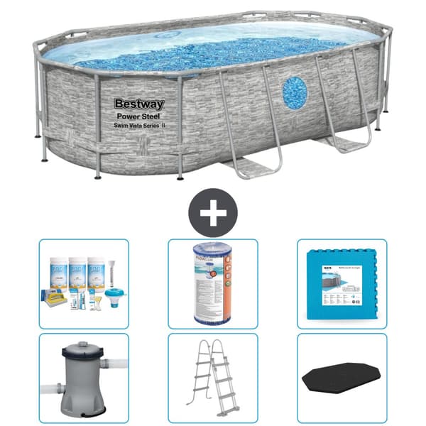 Bestway Oval Power Steel Swim Vista -uima-allas - Kiviprintti - 427 x 250 x 100 -  Tarvikkeet Mukaan Lukien CB30