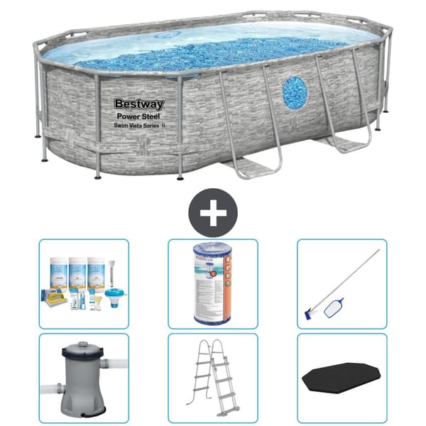 Bestway Oval Power Steel Swim Vista -uima-allas - Kiviprintti - 427 x 250 x 100 -  Tarvikkeet Mukaan Lukien CB32