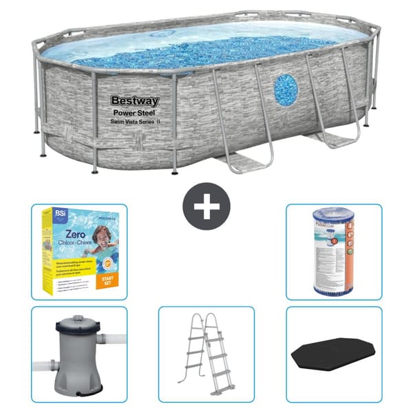 Bestway Oval Power Steel Swim Vista Swimming Pool - Stentryk - 427 x 250 x 100 -  Inklusive Tilbehør CB33