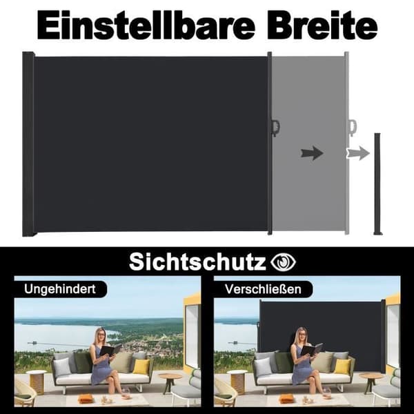 YUENFONG Garden Side Privacy Screen Markisskydd Stängsel Expanderbar markis för campingbalkong, antracit, 180x300cm