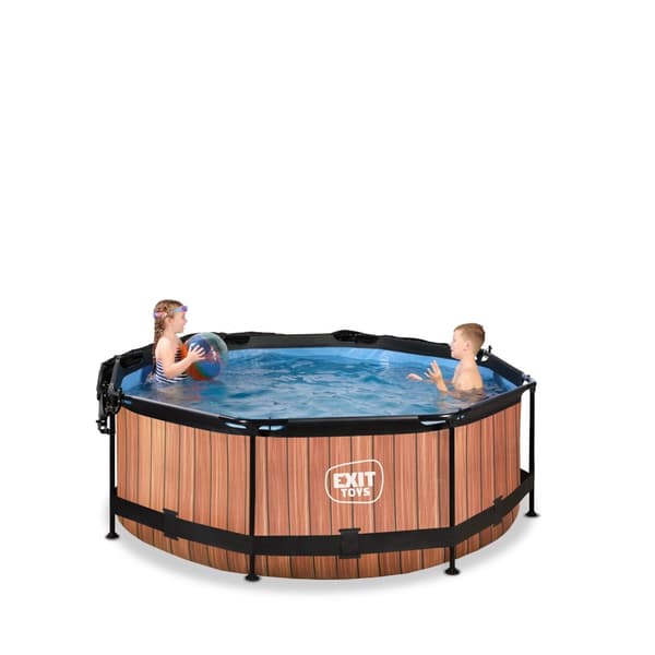 EXIT Wood pool ø244x76cm med filterpump och solsegel - brun
