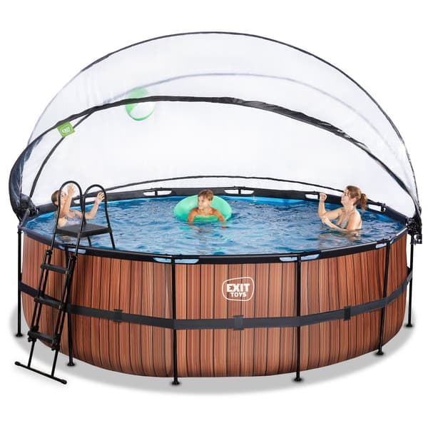 EXIT Wood pool ø450x122cm med sandfilterpump och tak - brun