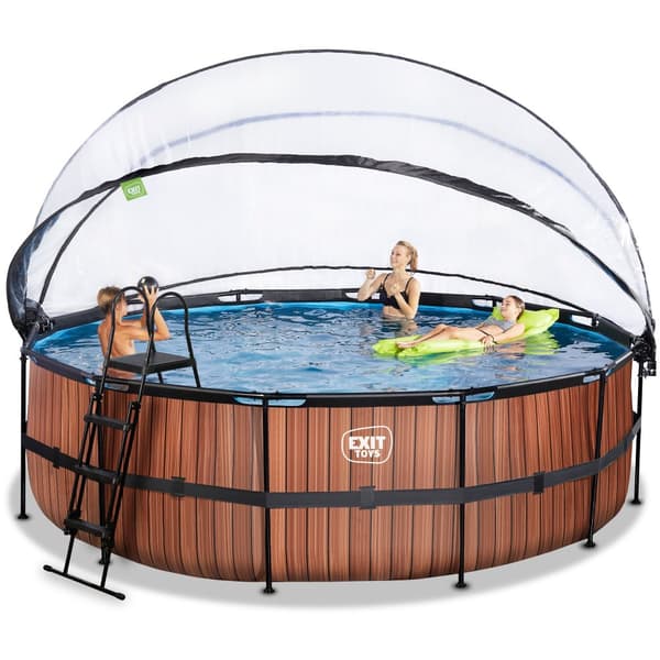 EXIT Wood pool ø488x122cm med sandfilterpump och tak - brun