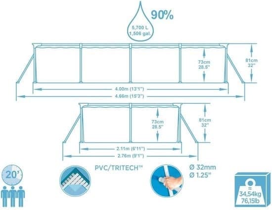 Stor rektangulær overjordisk pool 400x211 cm - Sikker og komplet med pumpe og filtre