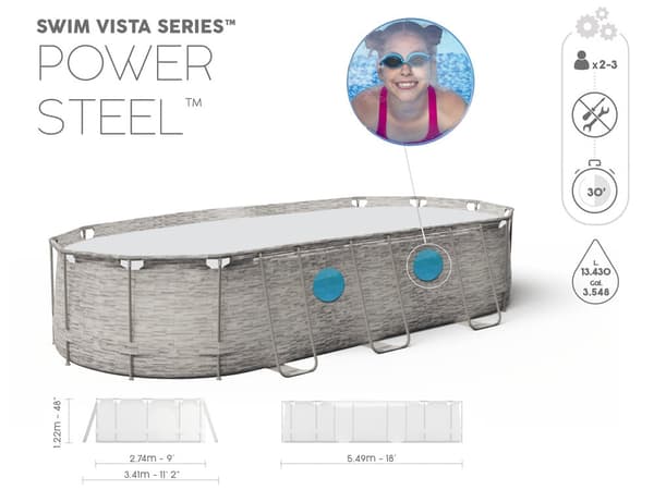 Bestway Power Steel Swim Vista Series II oval pool med undervattensfönster, 549x274x122cm, 13.430L kapacitet