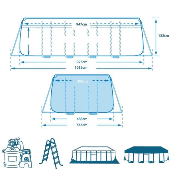INTEX rörformad pool över marken - 975 x 488 x h132 cm - Grå - Rektangulär - Sandpump - 54 400 L