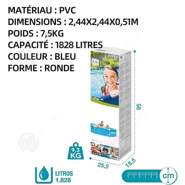 INN Pool med metallram 2,44x2,44x0,51m PVC 1828 liter blå poolsats metallram havspool metallram rund rörformad