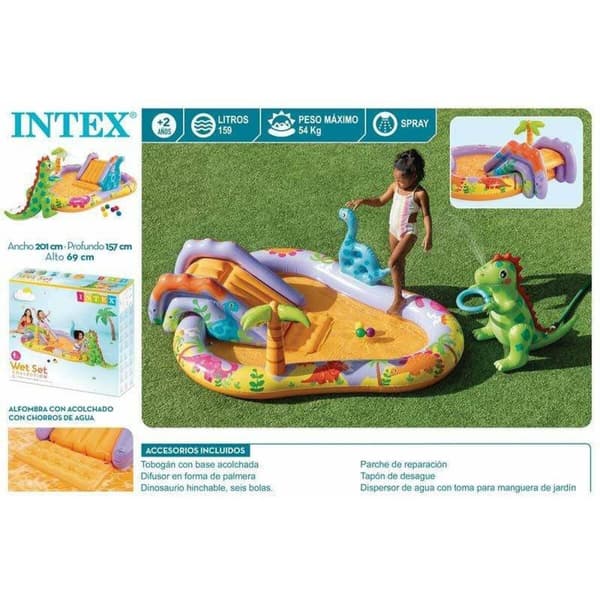 Oppblåsbart plaskebasseng for barn Intex Dino Park 201 x 157 x 69 cm