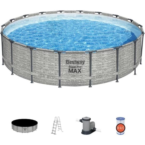 BESTWAY Steel Pro Max™ Tubular Above Ground Pool Kit - 549 x 122 cm - Rund (Med filtreringspump, stege och lock)