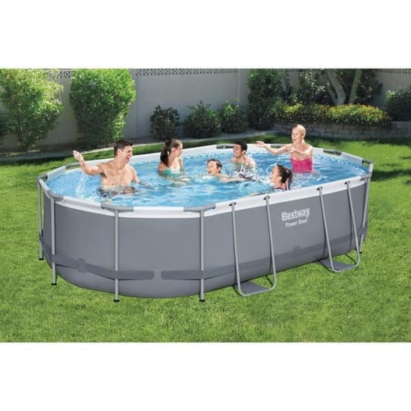 BESTWAY Tubular Above Ground Pool Kit - Power Steel™ - 488 x 305 x 107 cm - Oval (Levereras med en stege, ett lock, en