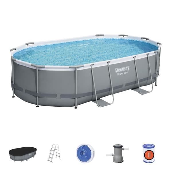 BESTWAY Tubular Above Ground Pool Kit - Power Steel™ - 488 x 305 x 107 cm - Oval (Levereras med en stege, ett lock, en
