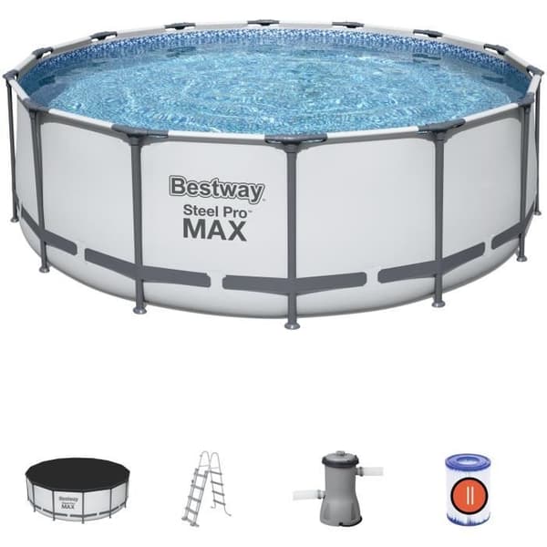 BESTWAY Steel Pro Max™ Tubular Above Ground Pool Kit - 427 x 122 cm - Rund (Med ett patronfilter, ett lock och en stege)