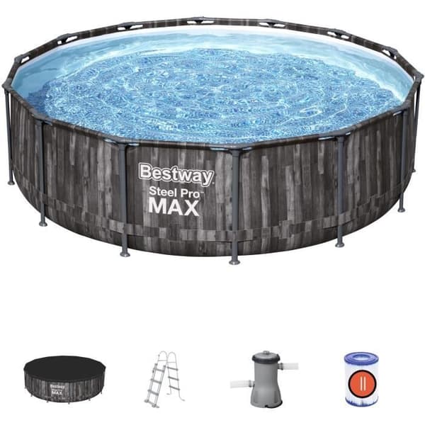 BESTWAY Steel Pro Max™ Tubular Above Ground Pool Kit - 427 x 107 cm - Rund (Levereras med filtreringspump, stege)
