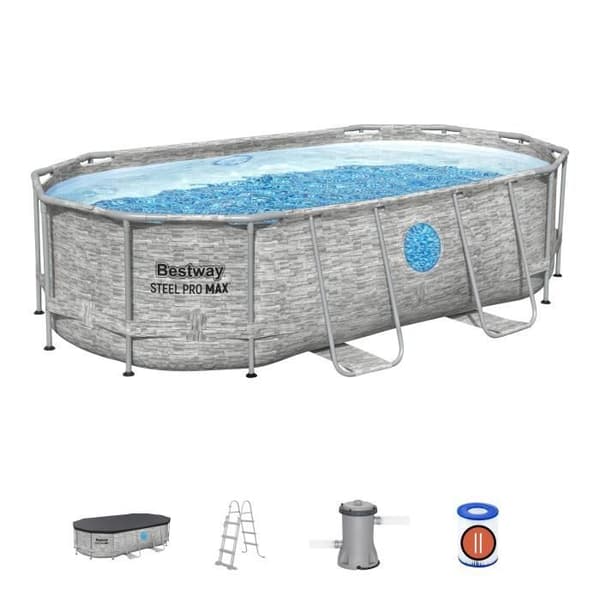 Kit Pool ovanmark tubulär BESTWAY - Steel Pro MAX™ - 427 x 250 x 100 cm - Oval (Filter för patron, stege, presenning, 1 patron)
