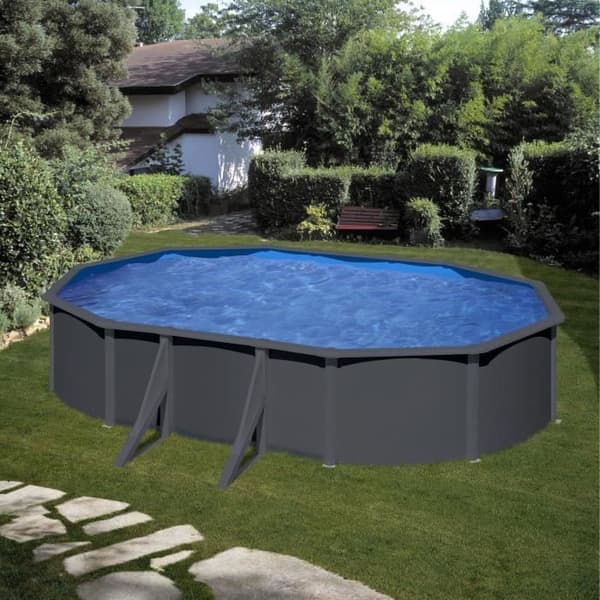 GRE - Utomhuspool i oval grått stål - 5,27m x 3,27m x H: 1,22m (Levereras med sandfilter + stege)