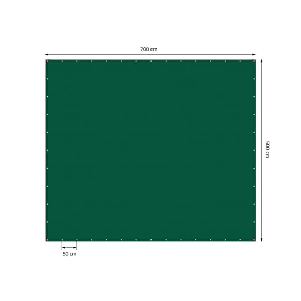 Silmukoilla varustettu pressu 5x7 m 650 g/m², jossa 10 joustavaa hihnaa Vihreä PVC:stä valmistettu
