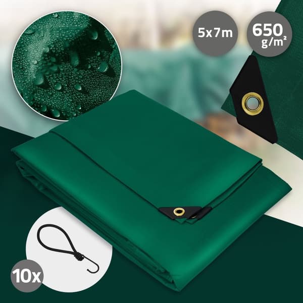 Silmukoilla varustettu pressu 5x7 m 650 g/m², jossa 10 joustavaa hihnaa Vihreä PVC:stä valmistettu