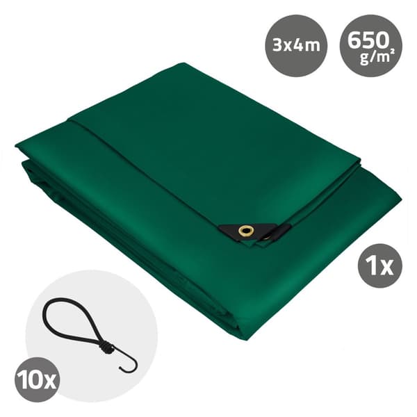 Presenning med øjer 3x4 m 650 g/m² med 10 elastiske stropper Grøn af PVC