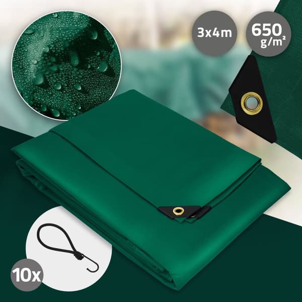 Silmukoilla varustettu pressu 3x4 m 650 g/m² 650 g/m², 10 kuminauhaa Vihreä PVC:stä valmistettu