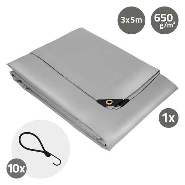 Presenning med øjer 3x5 m 650 g/m² med 10 elastiske stropper Grå PVC