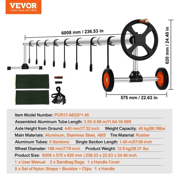 Pool Cover Reel, solcelledrevet, aluminiumkonstruktion, 18ft