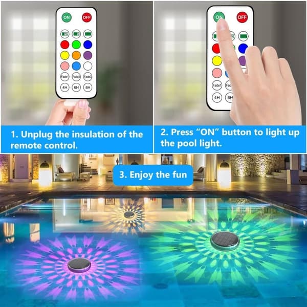 OBOSOE Flytande Poolbelysning (2-pack) - Solcellsladdad, 9 Färglägen, Fjärrkontroll | IP68 Vattentät LED-lampor för Pool, Spa & Utomhusfest