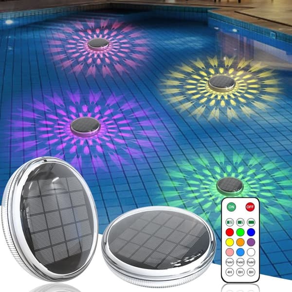 OBOSOE Flytande Poolbelysning (2-pack) - Solcellsladdad, 9 Färglägen, Fjärrkontroll | IP68 Vattentät LED-lampor för Pool, Spa & Utomhusfest