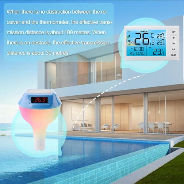 OBOSOE Trådlös Flytande Pooltermometer – Digital Badtermometer med RGB-belysning & Solpanel