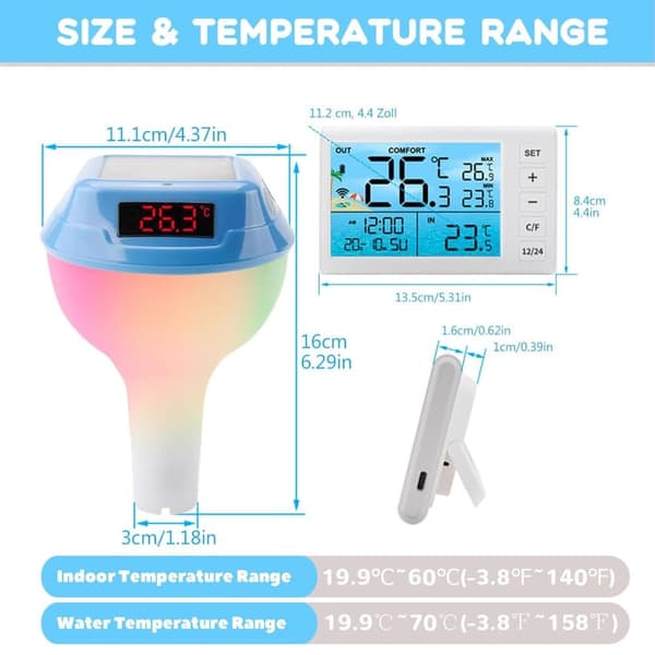 OBOSOE Trådlös Flytande Pooltermometer – Digital Badtermometer med RGB-belysning & Solpanel