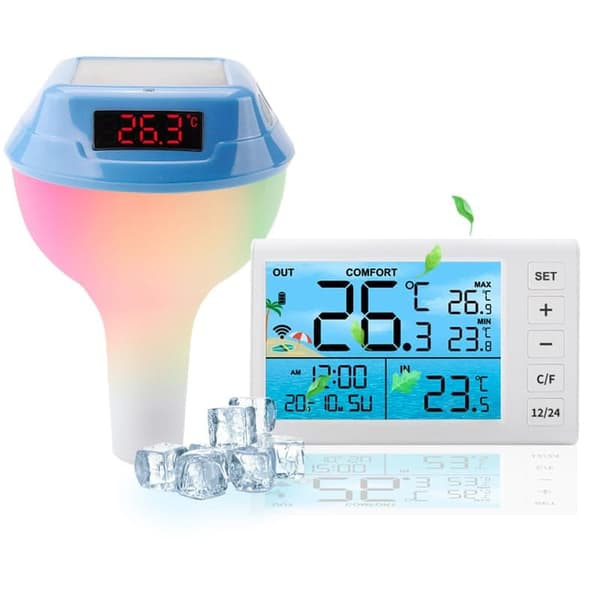 OBOSOE Trådlös Flytande Pooltermometer – Digital Badtermometer med RGB-belysning & Solpanel