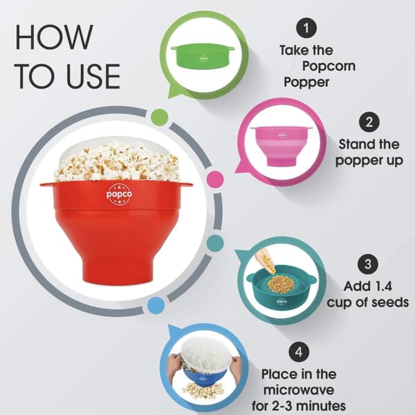 Hopfällbar Popcorn Maker skål - Gör popcorn i mikrovågsugnen - röd