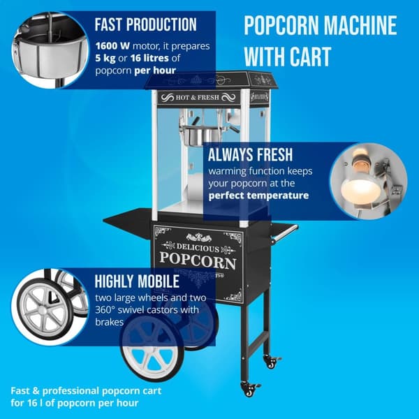 Royal Catering Popcornmaskin med vagn - Retrodesign - Svart