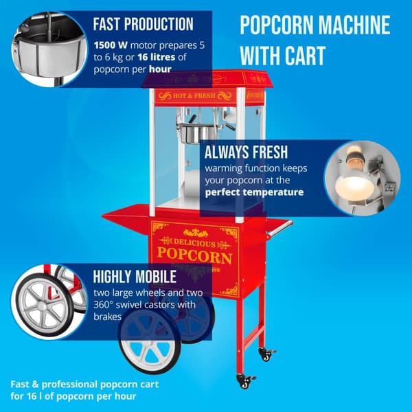 Royal Catering Popcornmaskin med vagn - Retrodesign - Röd