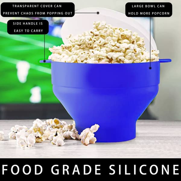 Återanvändbar Silikonpopcornmaskin för mikrovågsugn, vikbar skål med lock i Blått - 24 x 20 x 6 (14.5) cm Popcorn Maker