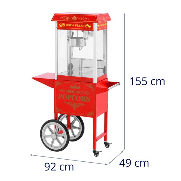 Royal Catering Popcornmaskin med vagn - Retrodesign - 150 / 180 °C - Röd - Royal Catering