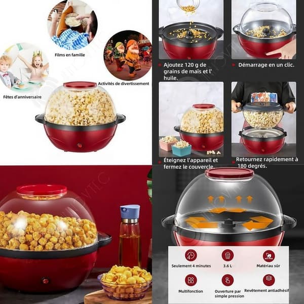 INN Popcornmaskin 3600ml hemma, helt automatisk popcornpuffare 850W, mångsidig hushållsapparat röd