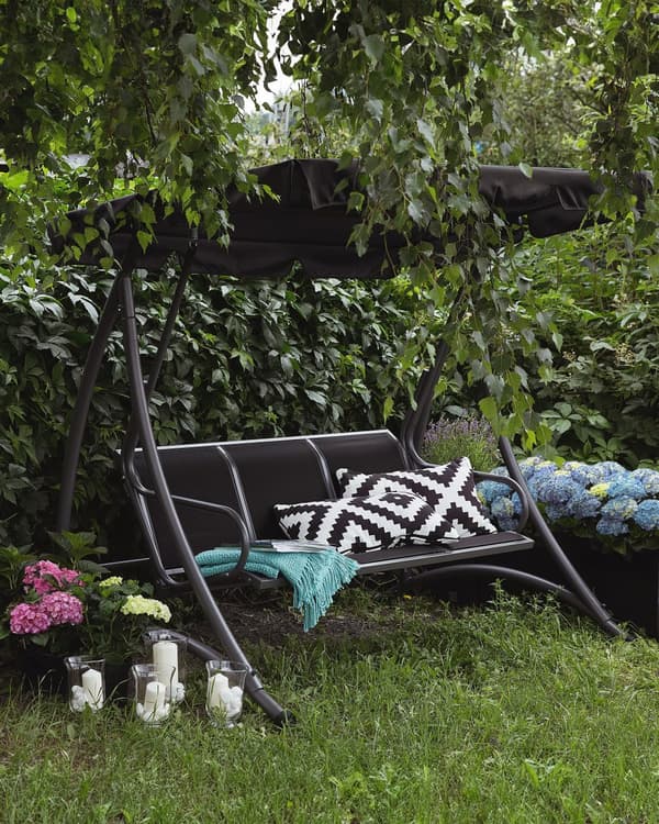 Hængesofa Sort Polyester og Stålramme 190 x 169 x 116 cm 3 Personers Gyngesofa Udendørs til Haven Terrasse Altan Indretning Justerbar Baldakin