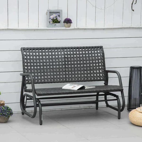 Rootz Rattan keinupenkki - Keinupenkki - 2-paikkainen keinupenkki - Puutarhakeinu - Selkänojallinen penkki - Puiston penkki - Harmaa - 70 x 120 x 84 c