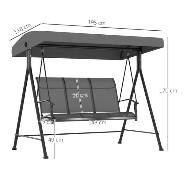 Rootz Hollywood Swing - Verandagunga för 3 personer - Justerbart solskydd - Upp till 240 kg - Mörkgrå - 195 x 118 x 170 cm