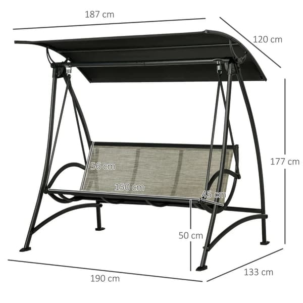 Rootz 3 Persons gungbänk - Hollywood Swing - Svängbänk - Tilttak - Väderbeständig - Stålstomme - Svart + Brun - 190L x 133W x 177H cm
