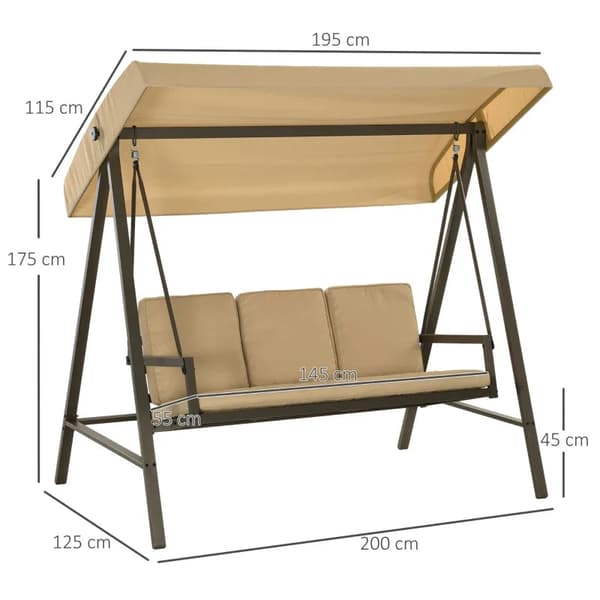 Rootz Garden Swing tuoli - Hollywood Swing - Penkki Säädettävä - Selkätyynyt - Aurinkokatos - Istuintyyny - Teräs - Tekstiili - Beige - Ruskea - 200cm