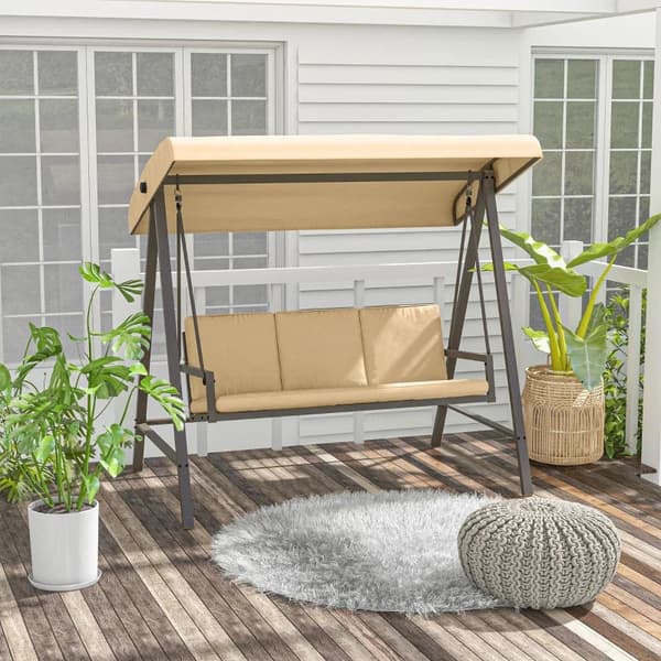 Rootz Garden Swing tuoli - Hollywood Swing - Penkki Säädettävä - Selkätyynyt - Aurinkokatos - Istuintyyny - Teräs - Tekstiili - Beige - Ruskea - 200cm