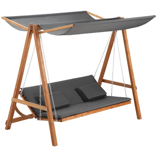 Rootz Hollywood Gunga Med Sängfunktion - 3-sits Trädgårdsgunga Med Tak - Hollywood Solstol - Trädgårdsstol - Furu - Polyester - Grå + Teak - 225,5 x 1