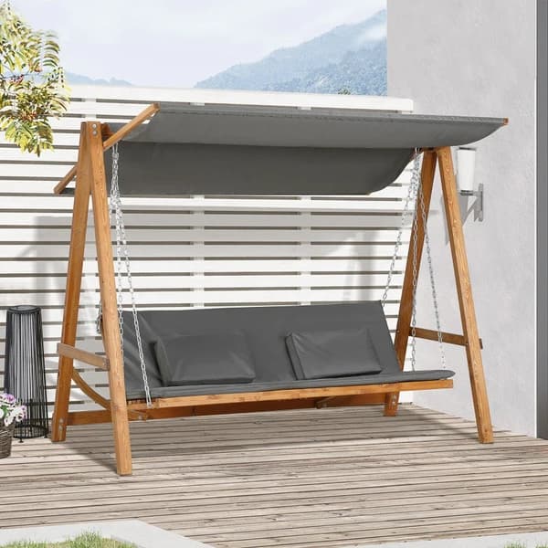 Rootz Hollywood Gunga Med Sängfunktion - 3-sits Trädgårdsgunga Med Tak - Hollywood Solstol - Trädgårdsstol - Furu - Polyester - Grå + Teak - 225,5 x 1